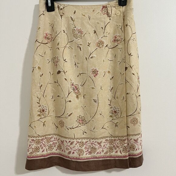 Talbots Wrap Skirt Women's 6 Beige Floral Linen Blend Prairie Boho Cottahe Midi - Picture 1 of 5